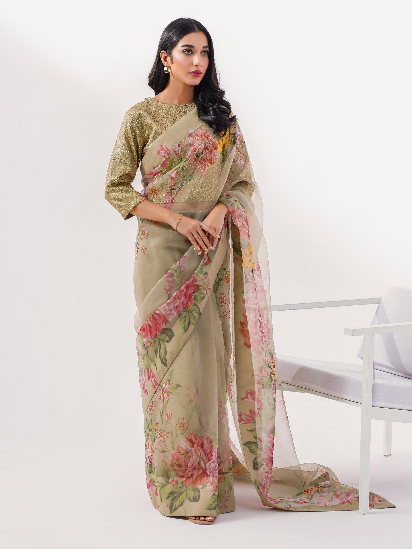 3 Piece Organza Saree-Embroidered (Pret)