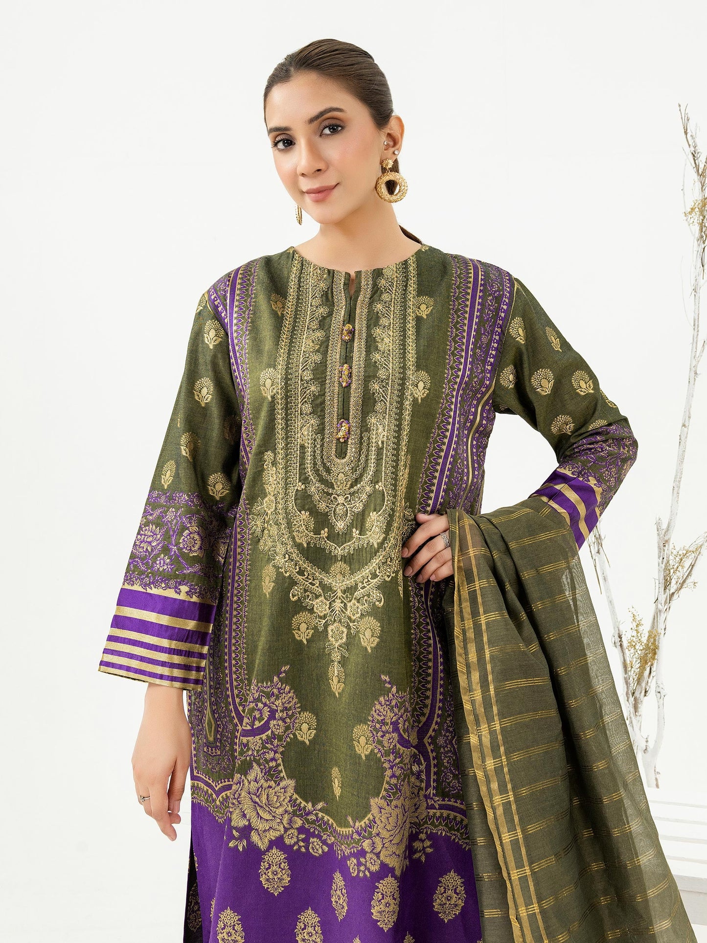 3 Piece Jacquard Suit-Embroidered (Pret)