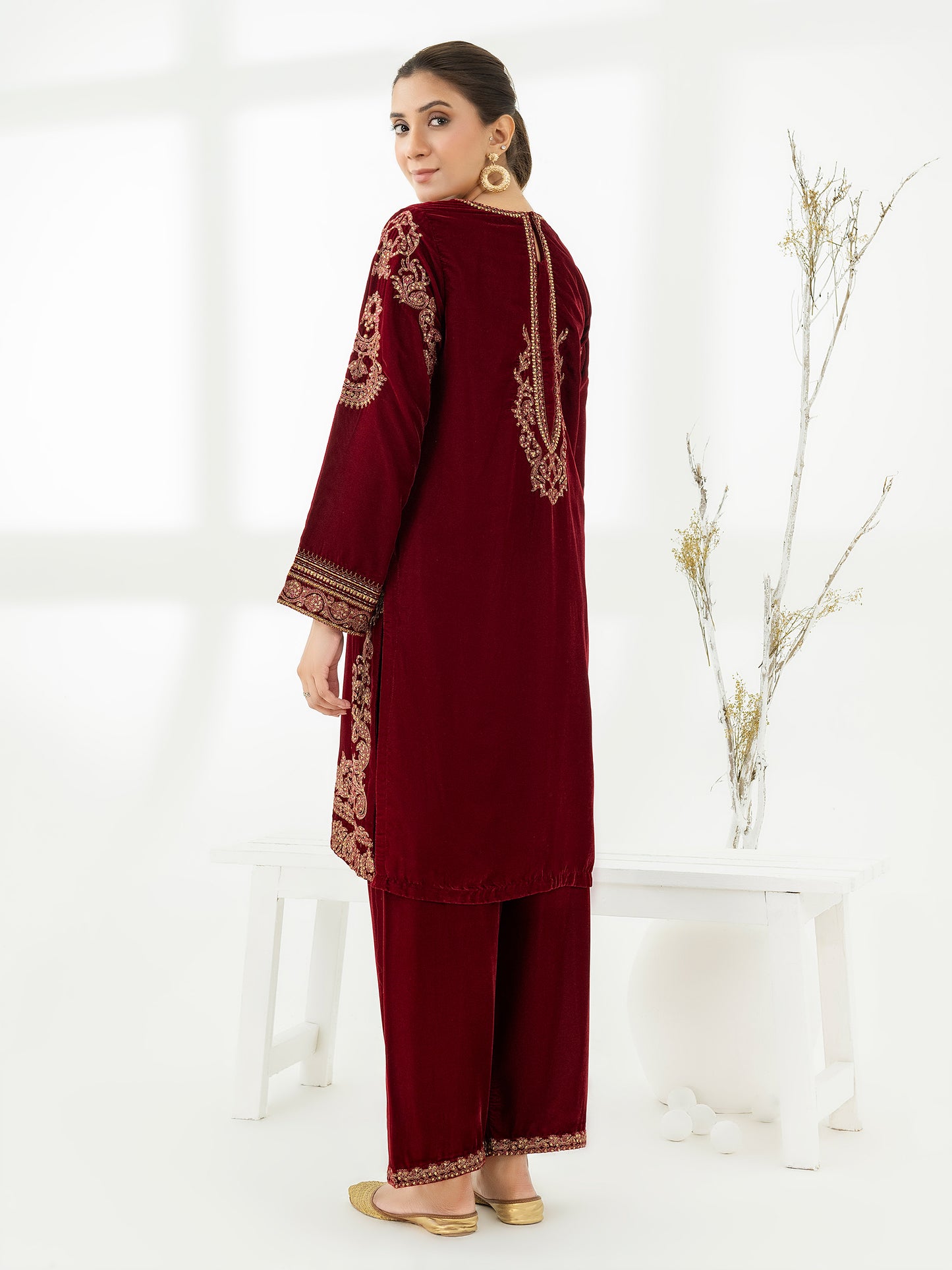 2 Piece Velvet Suit-Embroidered (Pret)