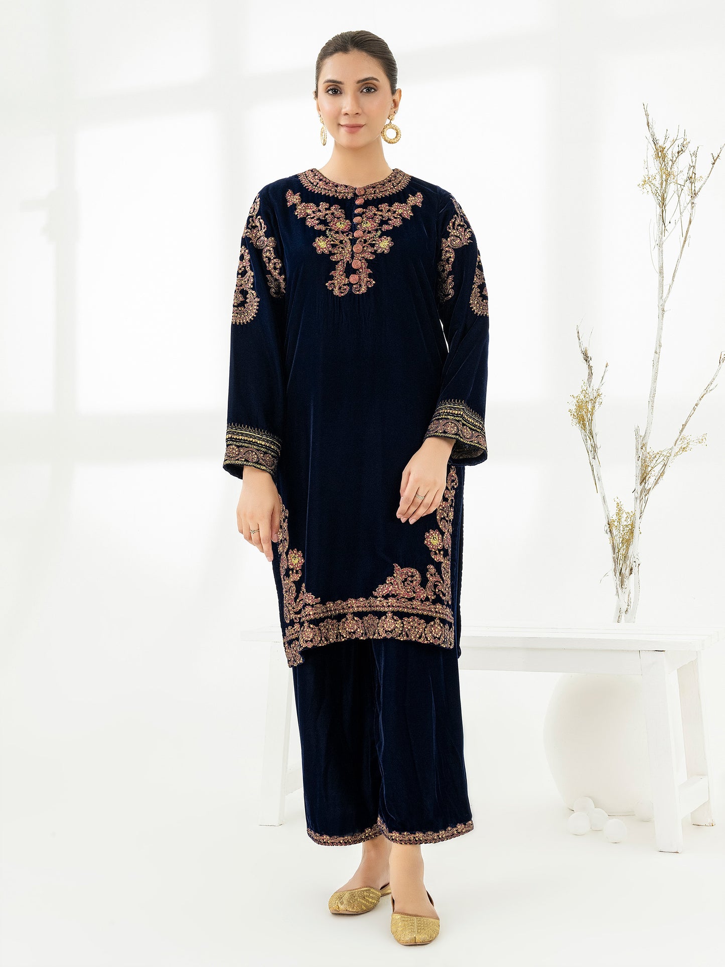 2 Piece Velvet Suit-Embroidered (Pret)