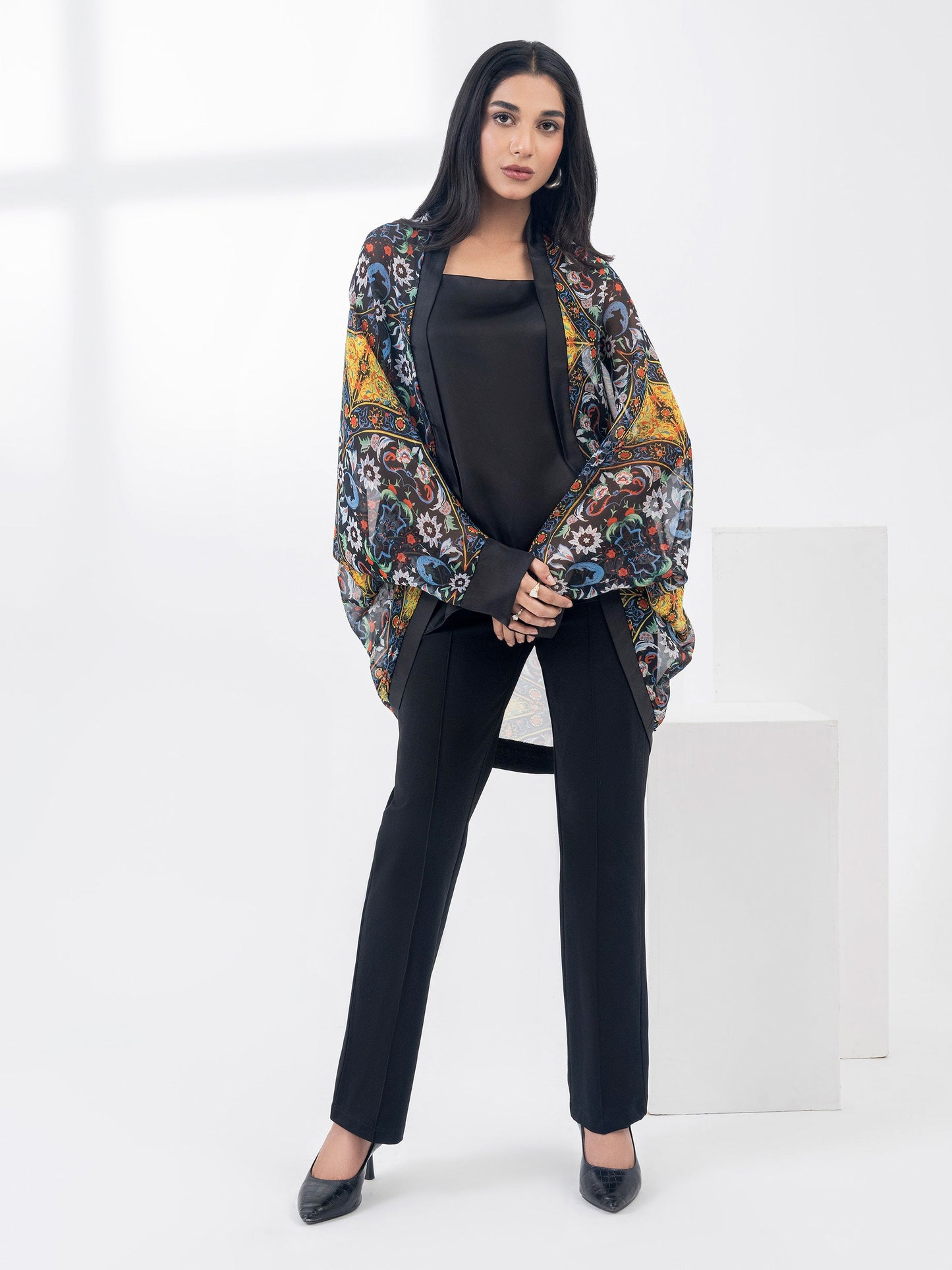 Printed Chiffon Cardigan With Slip