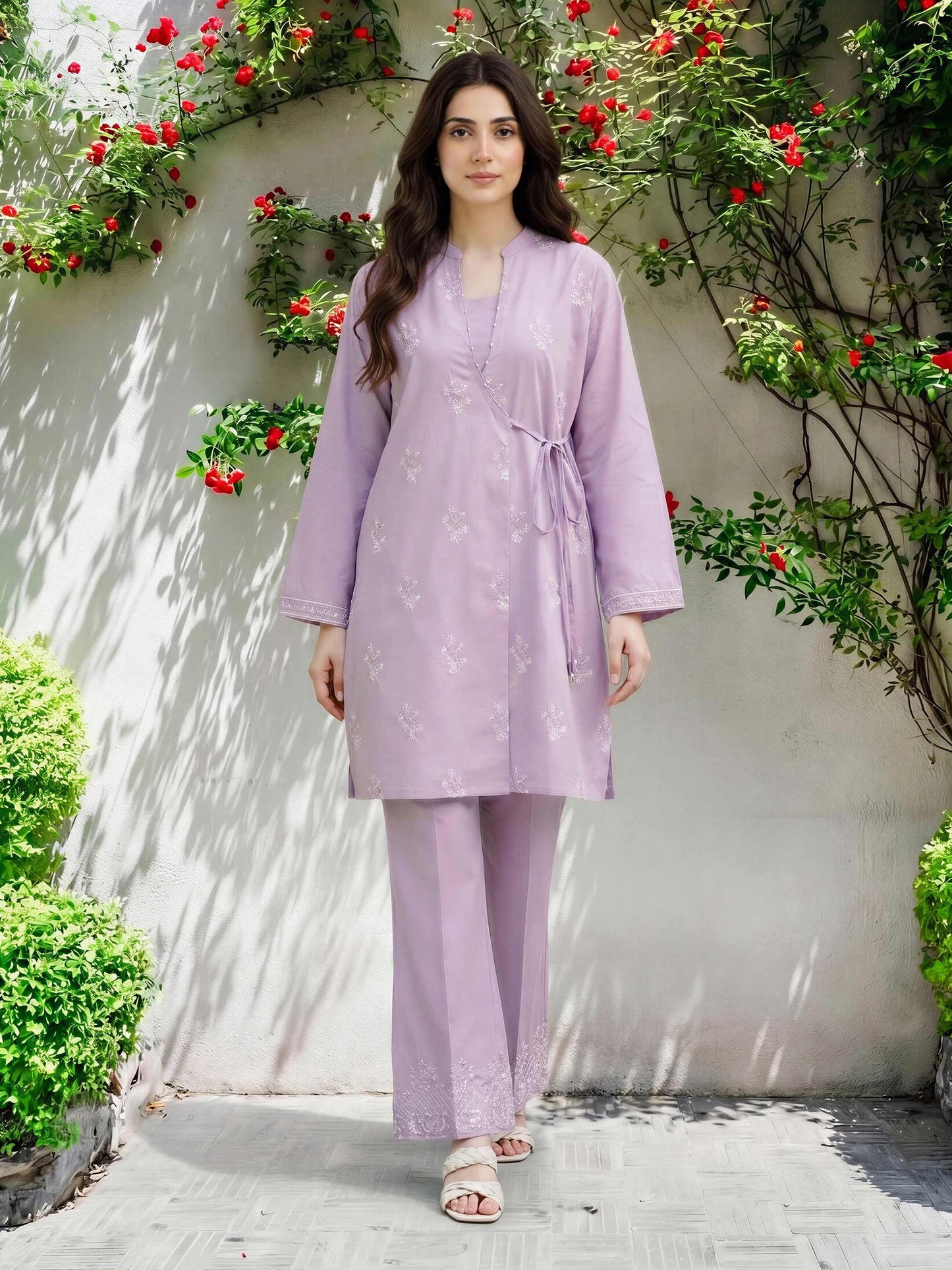 2 Piece Cambric Slub Suit- Embroidered (Pret)