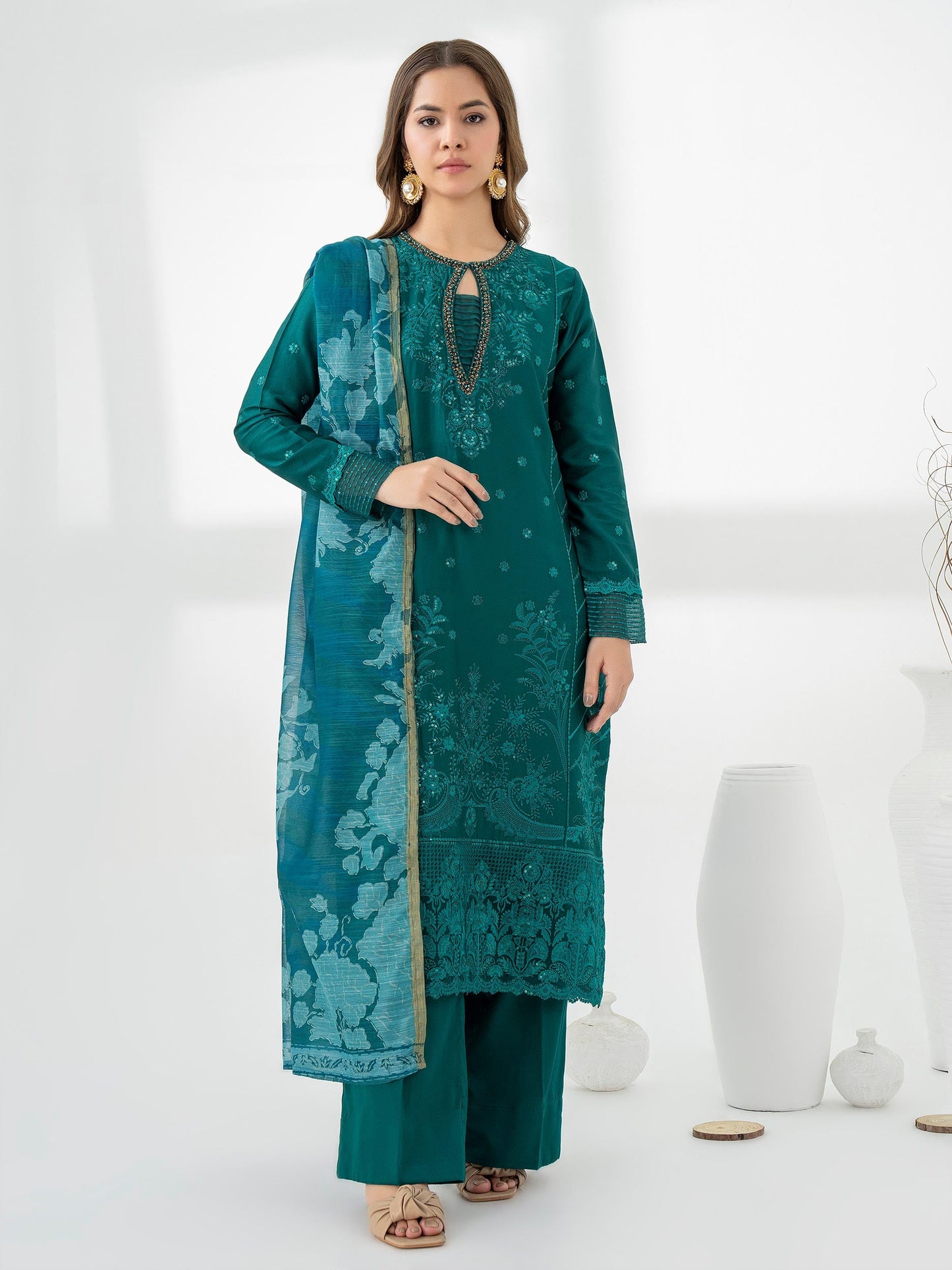 3 Piece Satin Suit-Embroidered (Pret)