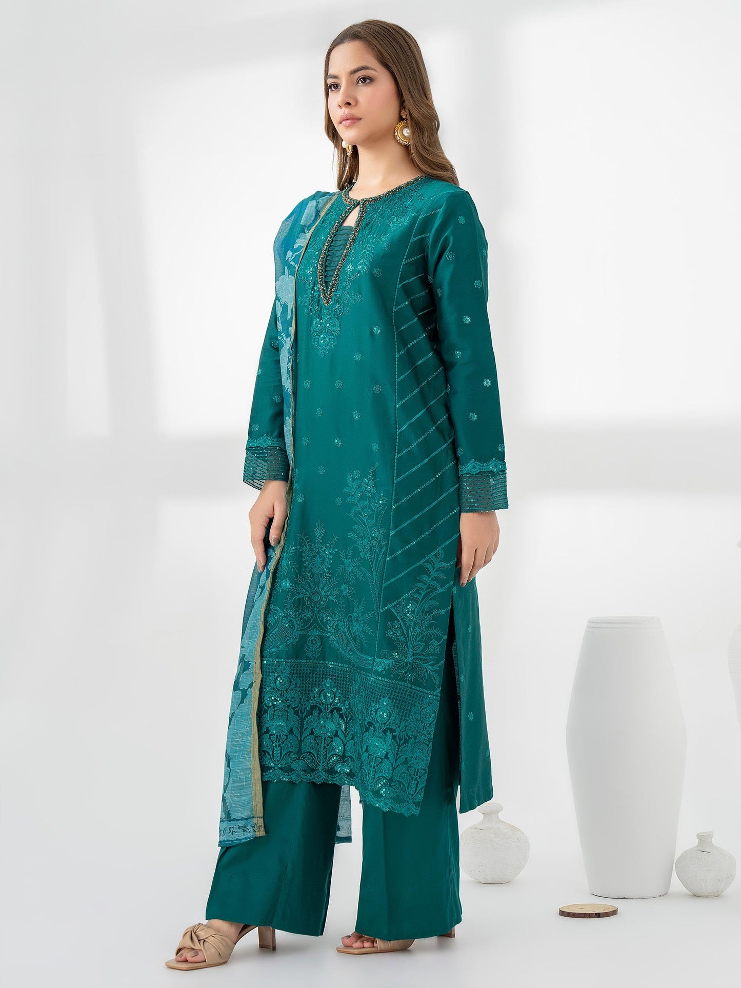 3 Piece Satin Suit-Embroidered (Pret)