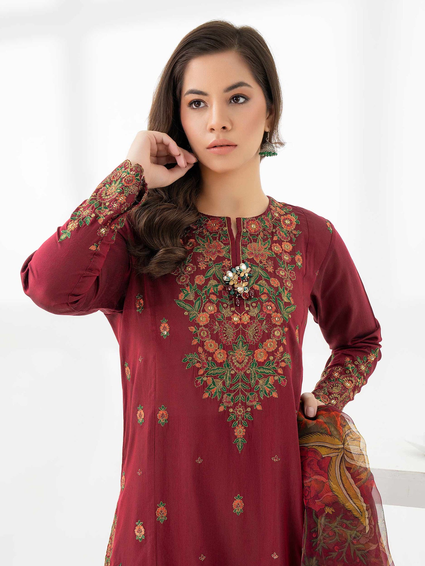 3 Piece Raw Silk Suit-Embroidered (Pret)