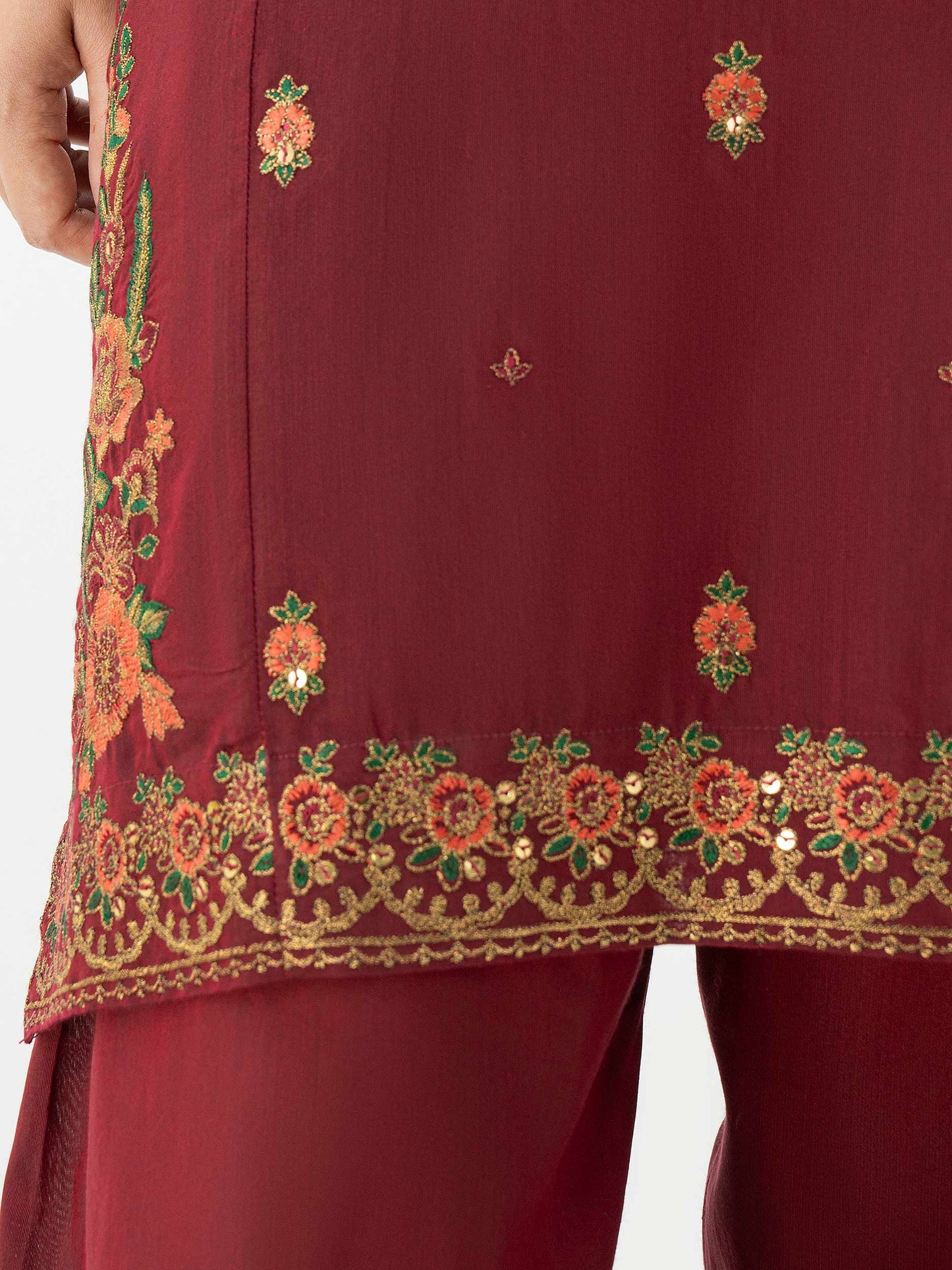 3 Piece Raw Silk Suit-Embroidered (Pret)