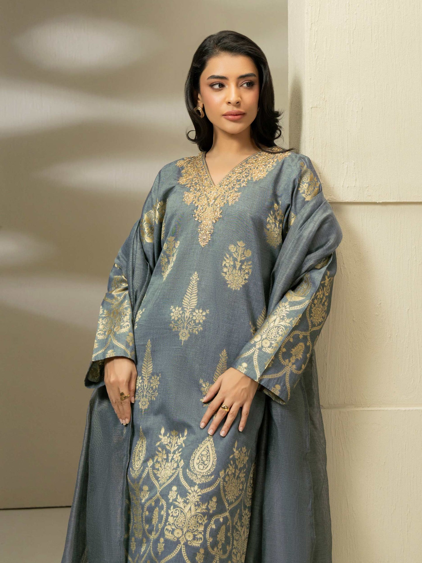 3 Piece Jacquard Suit-Embroidered (Pret)