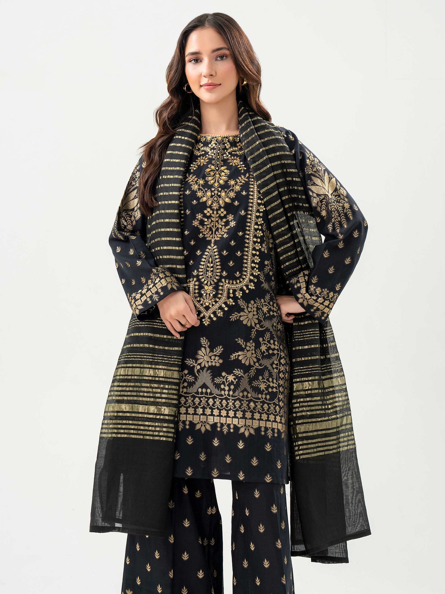 3 Piece Jacquard Suit-Embellished (Pret)